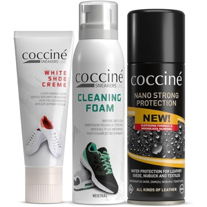 Set de ingrijire pentru sneakersi si pantofi, Cocciné, NANO STRONG spray 230 ml, CLEANING FOAM 150 ml si SHOE CREME 75 ml, Curatare si Reimprospatarea culorii, Alb