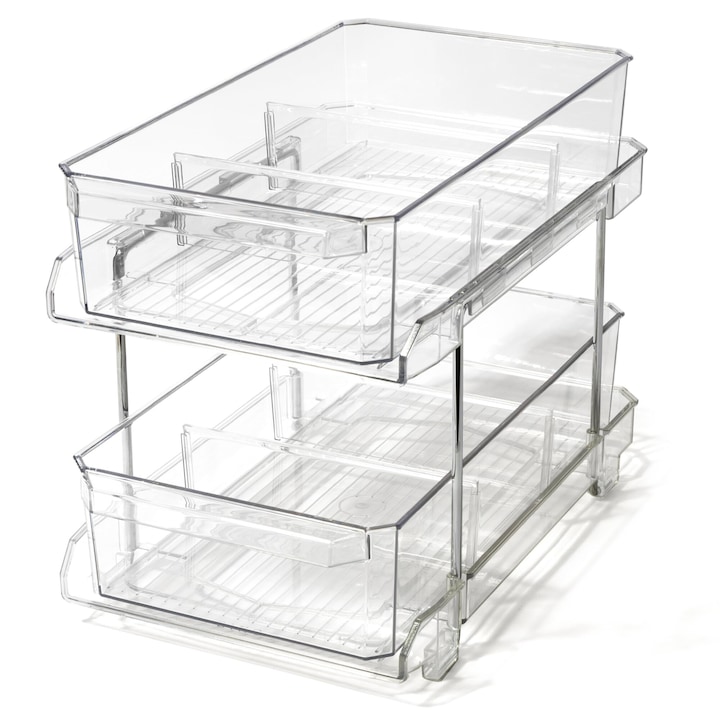 Organizator frigider Macvi® slide-out 2 nivele, transparent, sertare glisante, separatoare detasabile, 33x23x19 cm