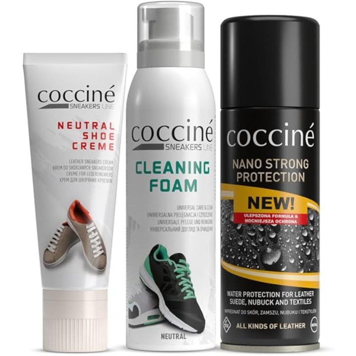Set de ingrijire pentru sneakersi si pantofi, Cocciné, NANO STRONG spray 230 ml, CLEANING FOAM 150 ml si SHOE CREME 75 ml, Curatare si Reimprospatarea culorii, Neutral