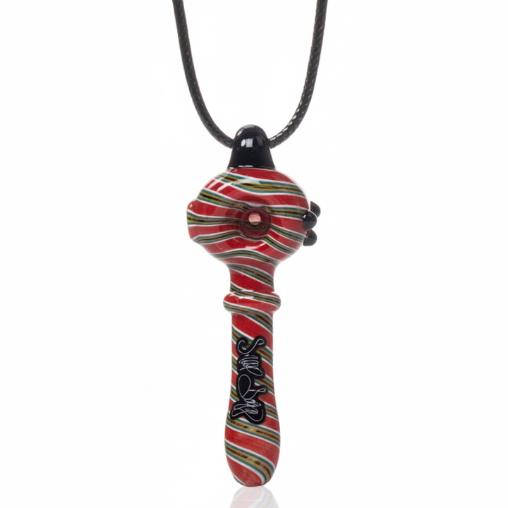 Pipa spoon cu lantisor pentru plante tutun Dogg lbs SWED Everyday 70mm, sticla borosilicata rezistenta la soc termic, rosu cu dungi verzi - lucrata manual