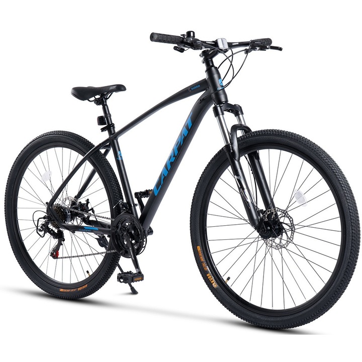 Bicicleta MTB ERBC29357A cu Roti de 29", Echipare Shimano, Manete Secventiale Shimano, 21 Viteze, negru/albastru, Furca cu Blocaj, Mountain Bike Carpat Invictus Genius cu Frane Disc, Cabluri integrate si Cadru aluminiu New Generation