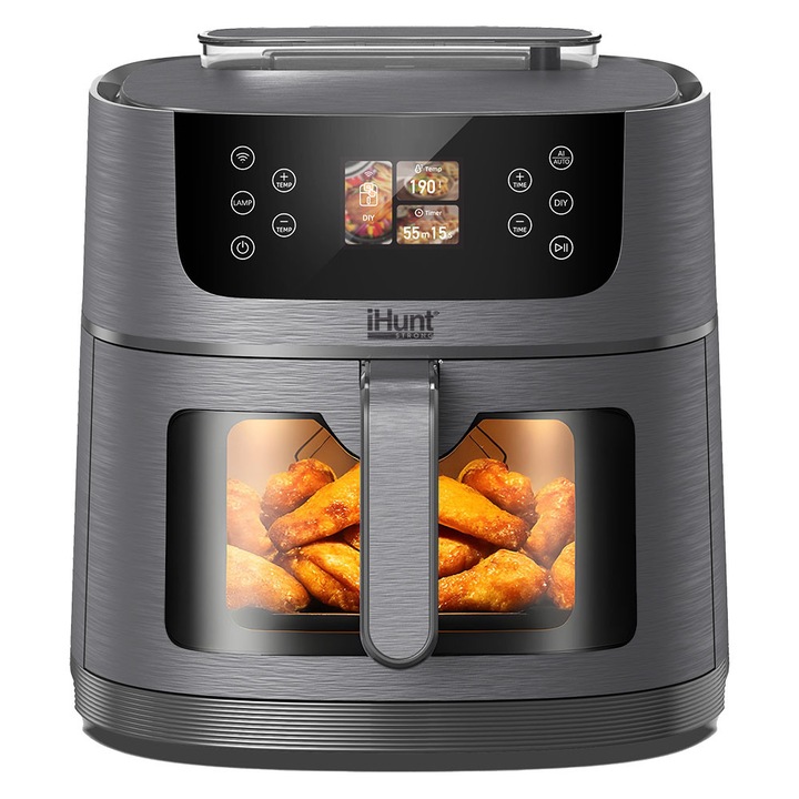 iHunt Bro Air Fryer AI Steam forrólevegős fritőz, 1800W, 200 ml gőztartály kapacitás, Automatikus programok intelligens AI főzéssel, Digitális érintőképernyő, WiFi iHunt Home, Átlátszó ablak, Tapadásmentes réteg, Automatikus kikapcsolás, Ezüstszürke