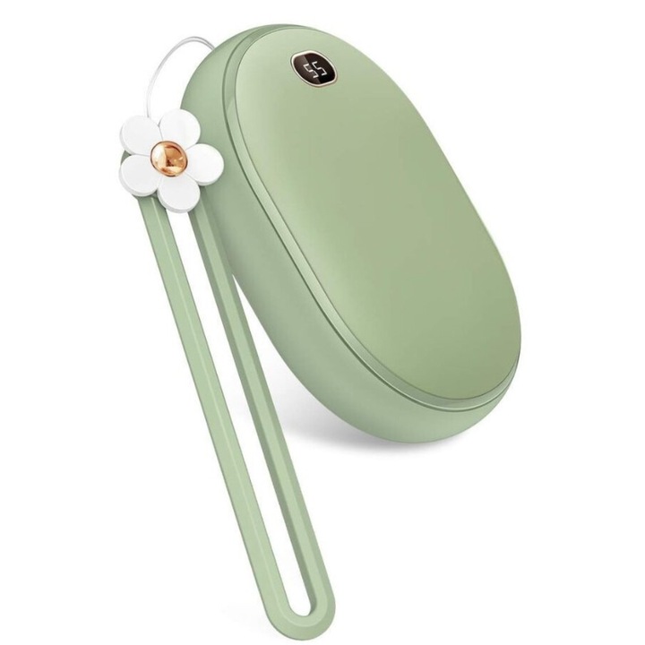 Нагревател за ръце Macvi® 2 в 1, Powerbank 10000mAh, USB, 2 степени на нагряване 45°/55°, компактен и преносим, зелен