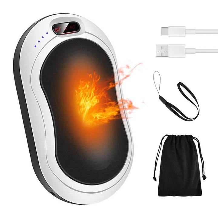 Incalzitor de maini, powerbank 1000mAh, portabil, reutilizabil, 12W, incarcare USB tip C, compresa pentru durere, 3 trepte incalzire, pana la 10 ore de functionare, asigura, negru