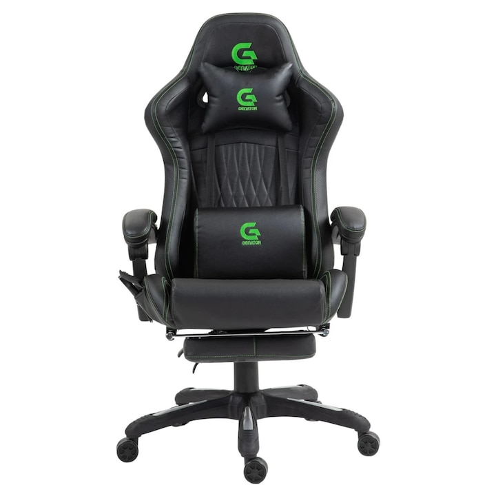 Scaun gaming Topscaune, Ergonomic, Masaj 7 Puncte, Boxe Bluetooth, Negru/Verde, Perne reglabile, Suport picioare retractabil