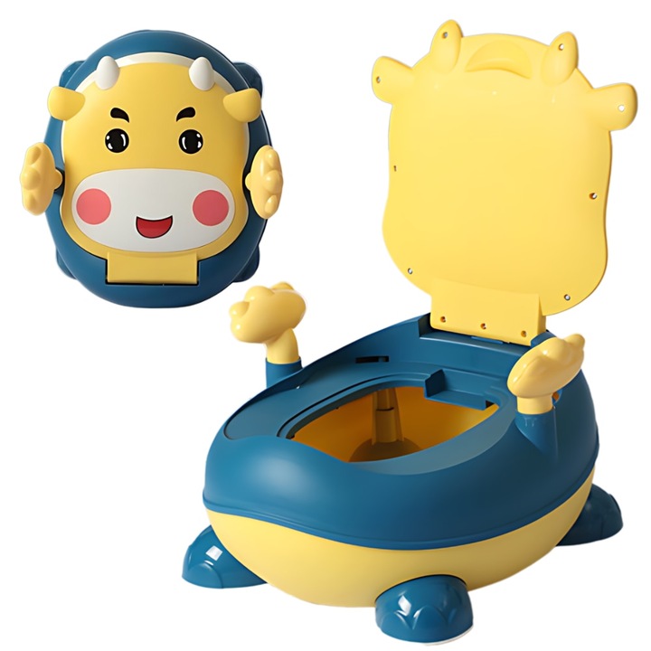 Olita copii Macvi® cu manere, colac moale non-toxic, model vacuta, margini rotunjite si sistem anti-stropire, 6 luni – 3 ani, albastru/galben