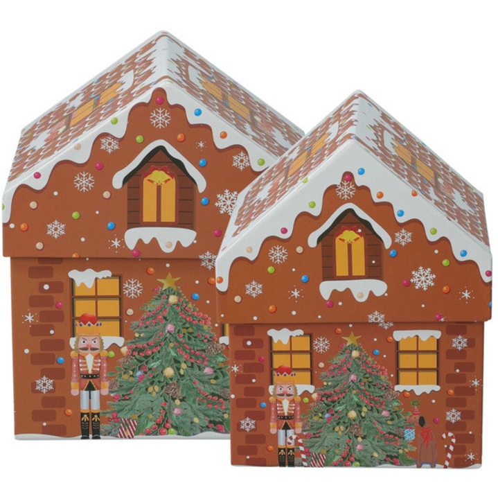 Cutii de Craciun in forma de casa, set de 2 buc., maro inchis