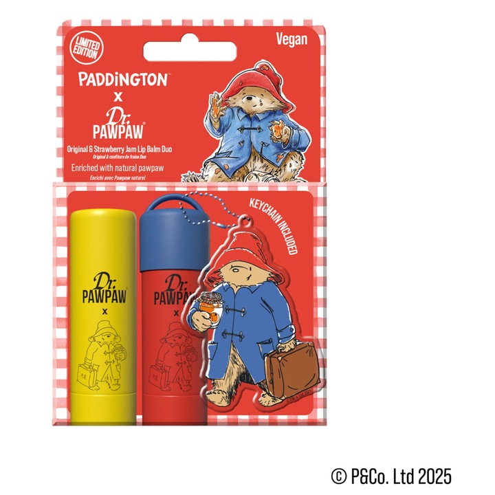 Комплект 2 балсама за устни Paddington™ Bear Keyring, Original Balm + аромат Strawberry Jam, Dr.PAWPAW, 2 x 4 g Paddington Bear Keyring Original + Strawberry Jam