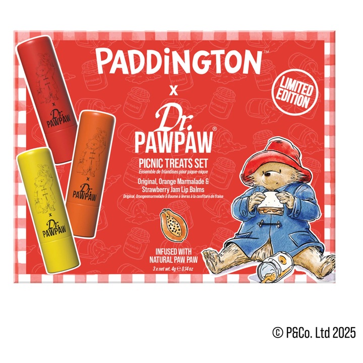 Комплект от 3 балсами за устни Paddington™ Paddington Picnic Treats, вкус Портокалов мармалад + Оригинален балсам + Ягодов конфитюр, Dr.PAWPAW, 3 x 4 г