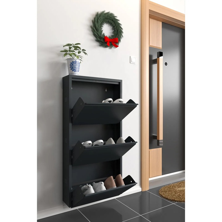 Pantofar Expomob TRIPLE, cu 3 rafturi, dimensiune 50x15x104 cm, culoare negru