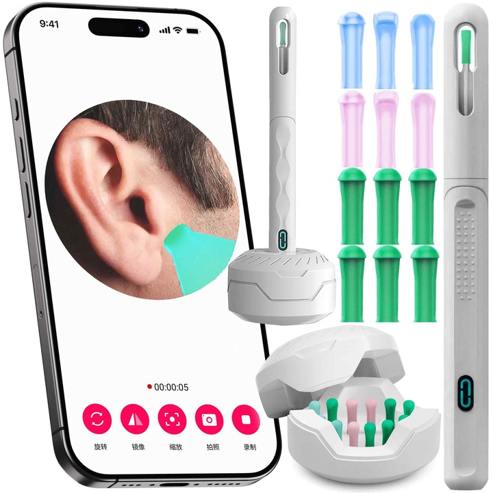 Dispozitiv curatare urechi, Otoscop, RENEW FORCE®, Camera FullHD 1080P, 6 lumini LED, Incarcare USB-C, Conectivitate iOS si Android, diametru lentila 3, 5 mm, unghi vizualizare 360, 5 capete din silicon interschimbabile, baterie 90 minute, Alb NE6