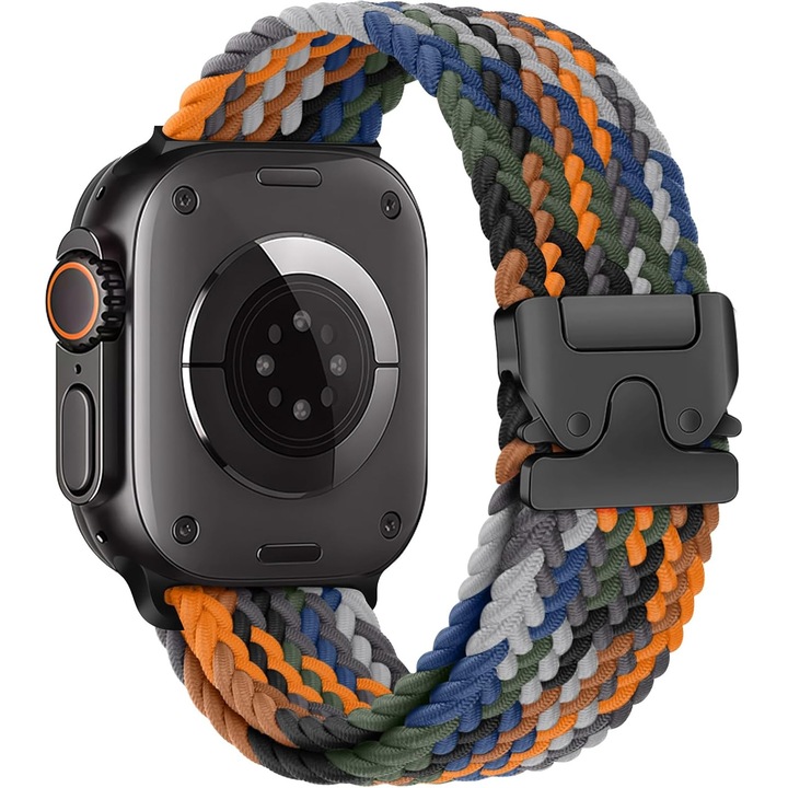 Curea sport elastica din nailon impletit cu catarama tip parasuta, moderna si durabila, compatibila cu Apple Watch Ultra 2/Ultra/Seria 11 10 9 8 7 6 5 4 3 2 1 SE, 49/46/45/44/42 mm – activitati outdoor – Multicolor (Denim)