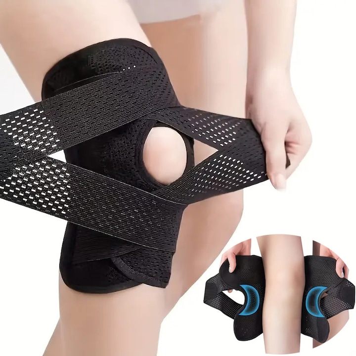 Genunchiera profesionala, Yingyun®, cu stabilizator lateral medical si perna de silicon, stabilizeaza rotula in timpul activitatii fizice, pentru tratamentul artritei si al rupturilor de menisc, unisex, Negru, Marimea XL