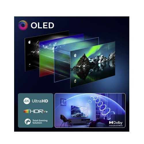 Televizor OLED Philips 55OLED850, 139 cm, 4K UHD, HDR, Smart TV, Control vocal (Alexa, Asistent Google), Ambilight, Dolby Atmos, 120 Hz, Google TV