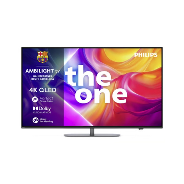 Televizor QLED Philips 50PUS9080, 126 cm, 4K UHD, HDR, Smart TV, control vocal (Alexa, Google Assistant), Ambilight, Dolby Atmos, 120 Hz, Titan OS