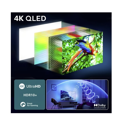 Televizor QLED Philips 50PUS9080, 126 cm, 4K UHD, HDR, Smart TV, control vocal (Alexa, Google Assistant), Ambilight, Dolby Atmos, 120 Hz, Titan OS