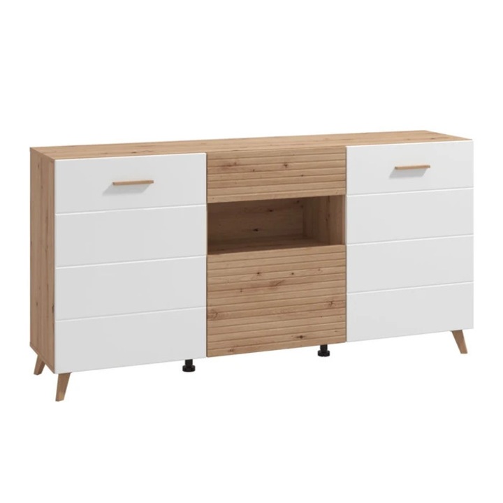 Bretagna 3K1F nappali komód, ajtókkal és fiókkal, artisan tölgy + fehér fényes fólia, 173 x 42 x 87 cm, 2C