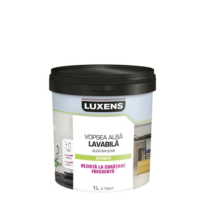 Vopsea lavabila premium alba Luxens, pentru baie si bucatarie, 1 L, aspect satin