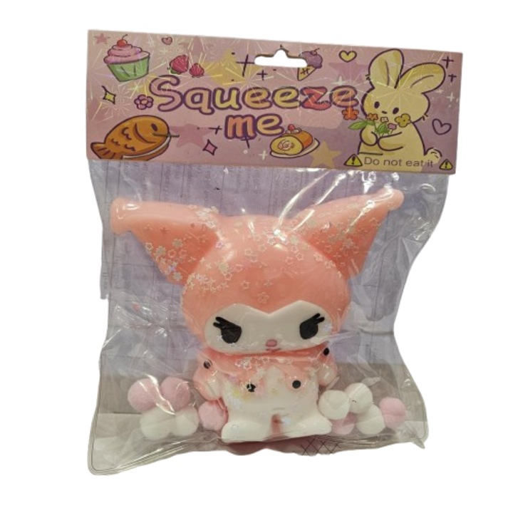 Jucarie pufoasa Kuromi, antistres, silicon, roz, 12x10 cm