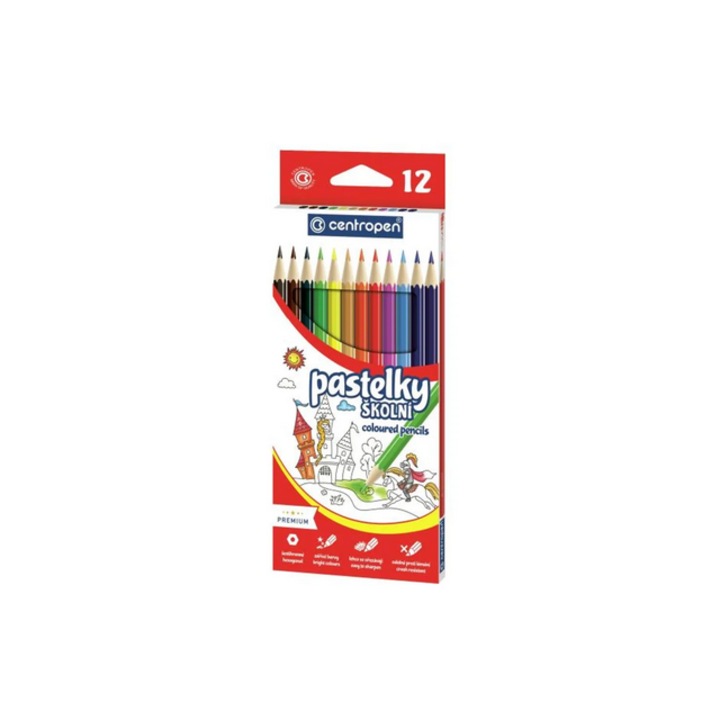Set 12 Creioane colorate, Centropen, lemn, hexagonale, multicolor, 175x7mm