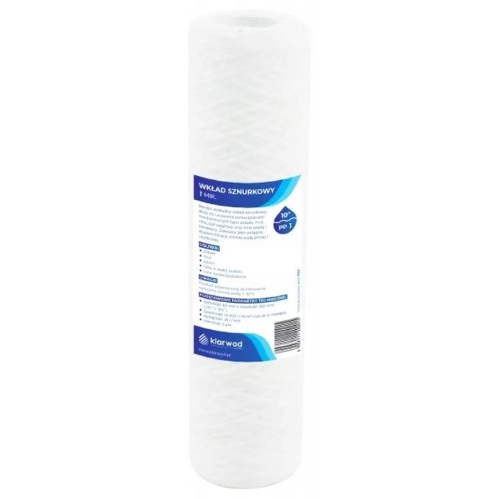 Cartuș filtrant PP1 filetat, Klarwod, polipropilenă, alb 10" (25,4cm, 1 micron)