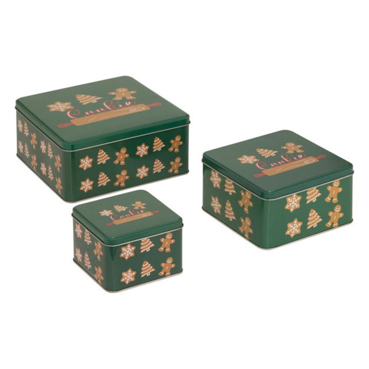 Containere metalice pentru biscuiti, 3 bucati, verde - verde