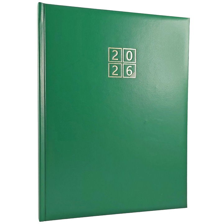 Agenda datata 2026, format A4, 21 x 27 cm, pentru programari, cu 152 pagini, cu coperta buretata de culoare verde, semn de carte textil si bloc cusut in fascicule
