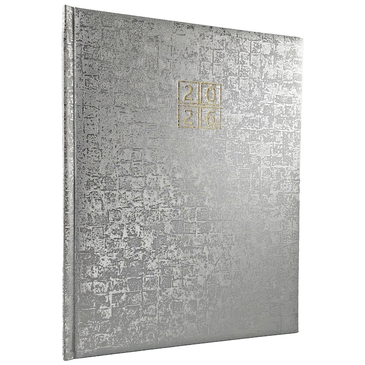 Agenda datata 2026, format A4, 21 x 27 cm, pentru programari, cu 152 pagini, cu coperta buretata de culoare argintie, semn de carte textil si bloc cusut in fascicule