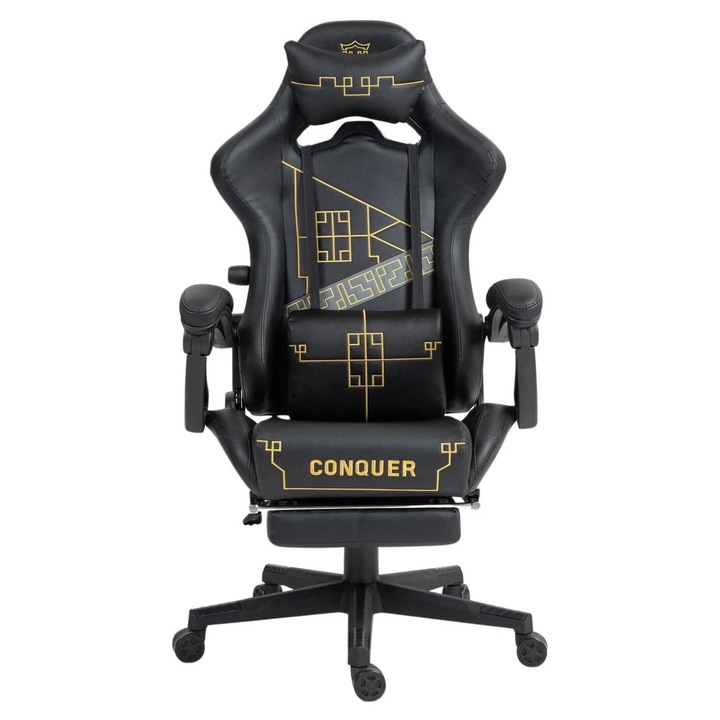Scaun Gaming Ergonomic Premium, Perna Lombara Cu Masaj USB, Suport Lombar Reglabil Integrat In Spatar, Tapiterie PU Rezistenta, Spatar Rabatabil, Recliner 90-155°, Perne Reglabile Lombara Si Cervicala, Suport Picioare, Scaun Gaming Negru/Auriu