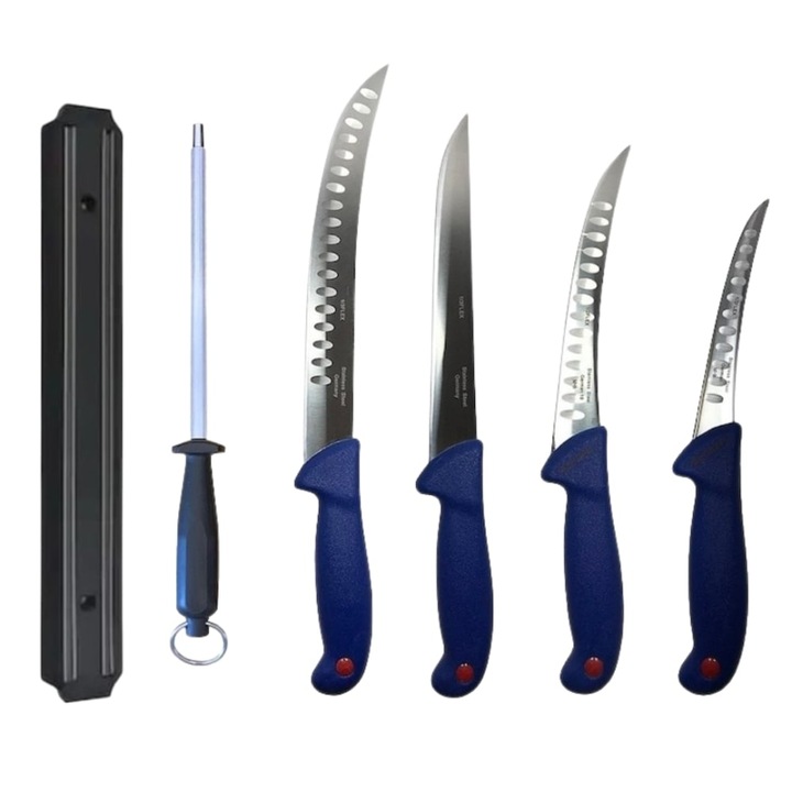 Set 4 cutite profesionale de macelarie, filetat, injunghiat, transat, dezosat, otel carbon, masat pentru ascutit, suport magnetic, Dactylion®