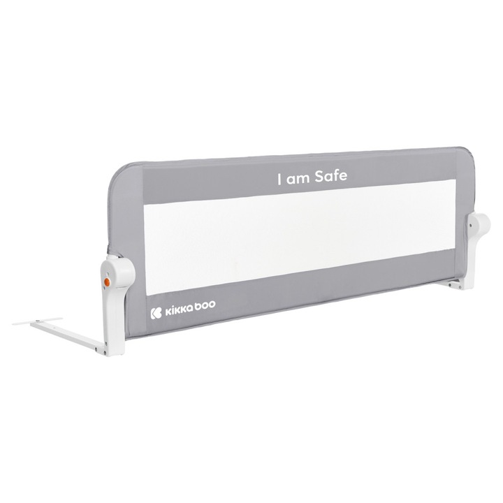 Bariera de protectie pentru pat copii KikkaBoo I am Safe Grey 120 cm, fixare stabila, rabatabila, potrivita pentru saltele de la 12-20 cm, colturi rotunjite, material textil de inalta calitate