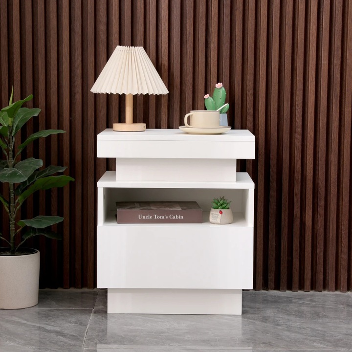 Noptiera Moderna Cu Sertar Si Spatiu, Iluminare LED Cu Telecomanda, Noptiera LED Pentru Dormitor Din MDF Alb, Design Elegant Cu Sertar Si Raft Deschis, Noptiera Moderna Cu Iluminare LED Reglabila, 45x35.5x52 Cm, Stil Premium Minimalist