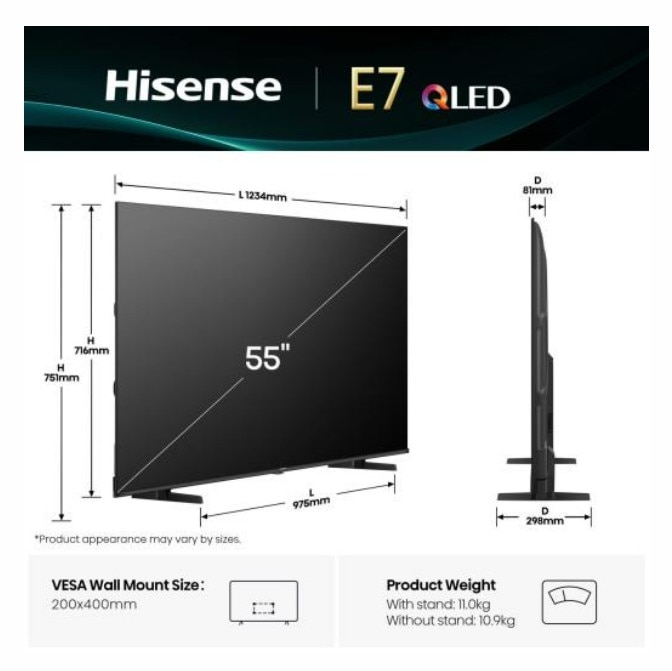 Televizor Hisense 55" E7Q, 4K Ultra HD 3840x2160, QLED, Quantum Dot, HDR 10+, HLG, Dolby Vision, DTS Virtual X, Smart TV, WiFi, Senzor de Lumina, BT, Anyview Cast, 3xHDMI, 2xUSB, LAN, CI+, DVB-T2/C/S2, Negru 55E7Q