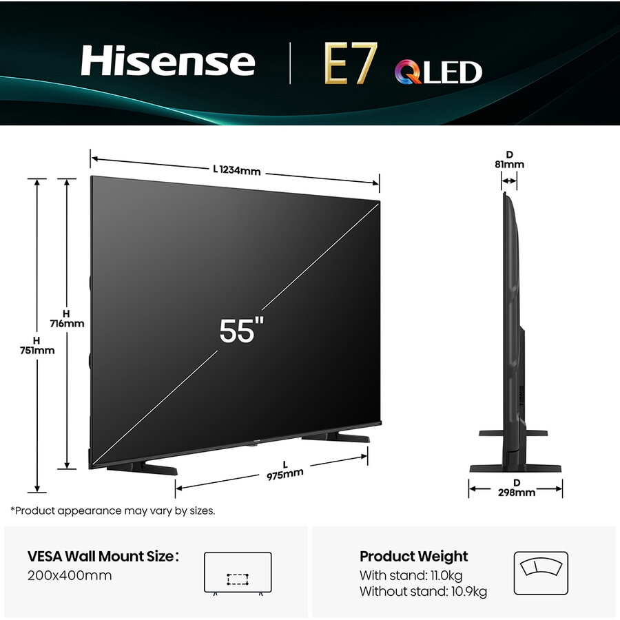 Televizor Hisense 55" E7Q, 4K Ultra HD 3840x2160, QLED, Quantum Dot, HDR 10+, HLG, Dolby Vision, DTS Virtual X, Smart TV, WiFi, Senzor de Lumina, BT, Anyview Cast, 3xHDMI, 2xUSB, LAN, CI+, DVB-T2/C/S2, Negru 55E7Q