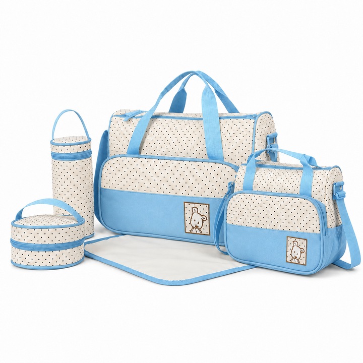 Set Genti Mamici 5 Piese Multifunctional, Mommy Bag, Geanta Maternitate Bebelusi Cu Buline, Husa Biberon, Salteluta Infasat Inclusa, Compartimente Multiple, 3 Moduri Transport, Curea Reglabila, Pentru Carucior Si Umar, Baby Blue, AVYRA