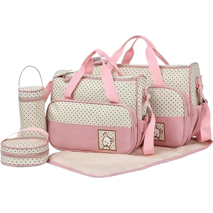 Set Genti Mama Bebe Roz, Geanta Scutece Multifunctionala Cu Capacitate Mare, Compartimente Multiple Si Port Biberon, Include Salteluta Pentru Schimbat Scutece, Usoare Si Rezistente, Ideale Pentru Calatorii Si Accesorii Bebelusi, Confortabile Si Practice –