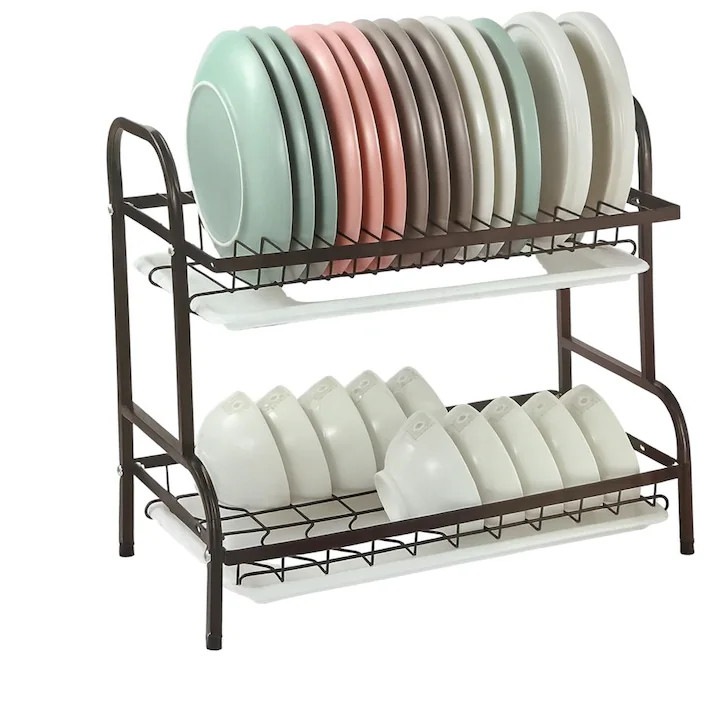 Suport Vase Doua Nivele, Organizator Bucatarie, Metal Negru Anticoroziv, Tavi Detasabile Pentru Scurgere Apa, Suport Farfurii, Boluri, Cani, Dimensiuni 40x24.5x39 cm, SP-453