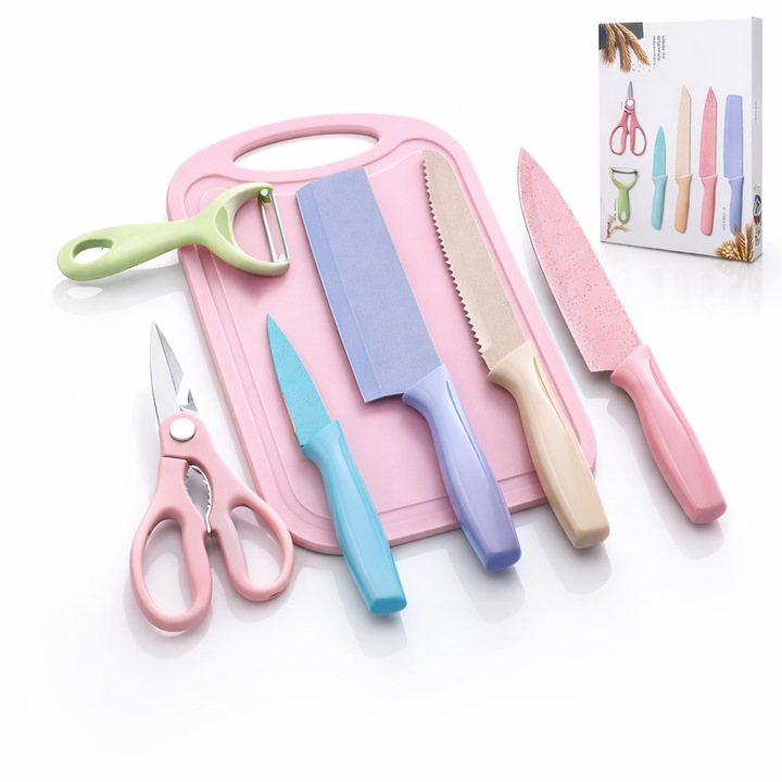 Set cutite bucatarie Macvi® 7 piese, otel inoxidabil, foarfece, curatator legume, tocator inclus, pentru carne, fructe si legume