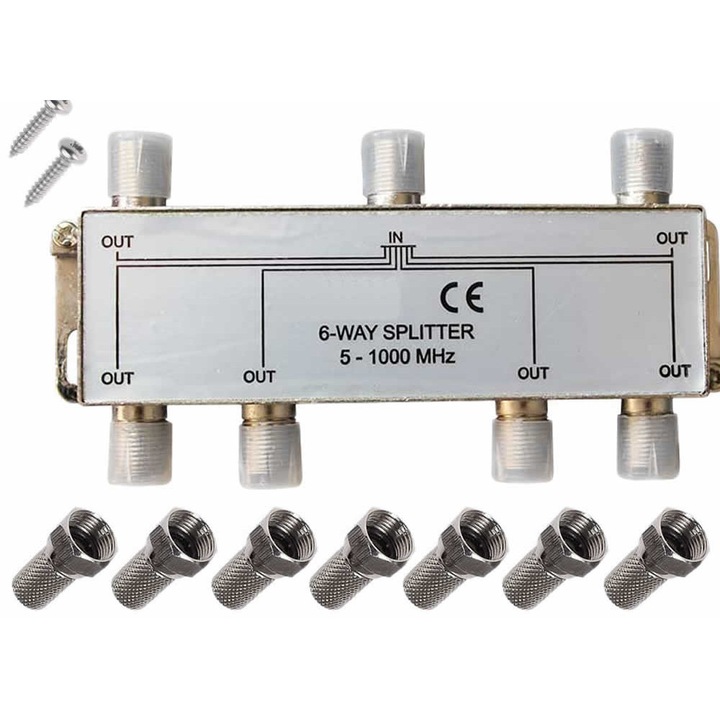 Spliter antena TV, Active, multiplicator cablu coaxial RF, 6 Iesiri + 1 Intrare, mufe legatura incluse