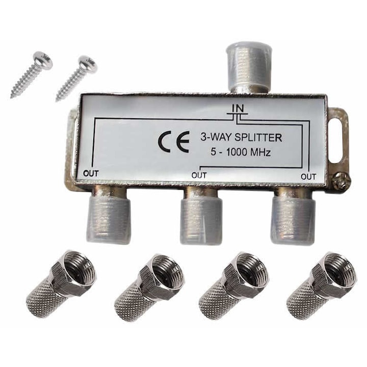 TV antenna elosztó, aktív, koaxiális RF kábel szorzó, 3 kimenet + 1 bemenet, csatlakozók mellékelve