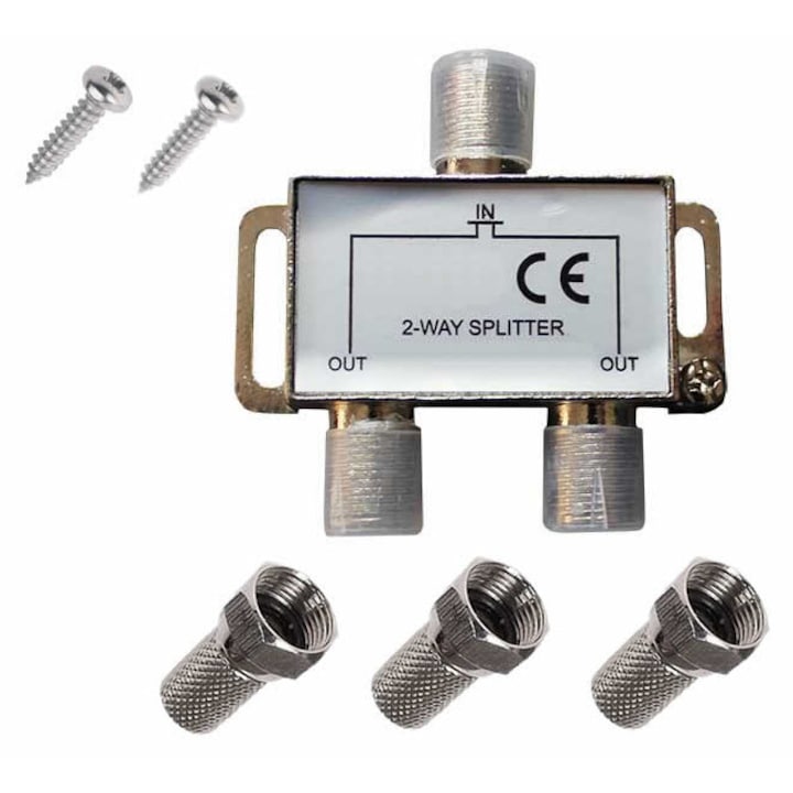 TV antenna elosztó, Aktív, koaxiális RF kábel szorzó, 2 kimenet + 1 bemenet, csatlakozók mellékelve