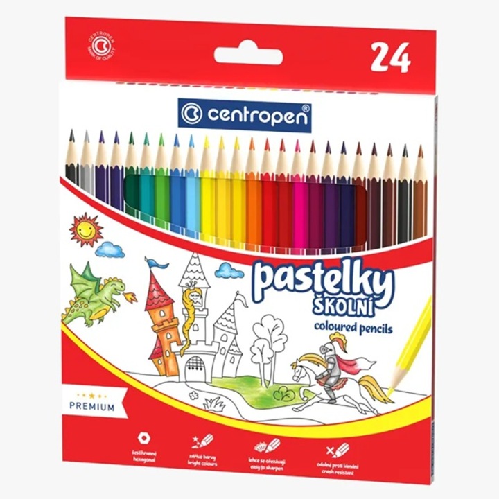 Set 24 creioane colorate Centropen, formă hexagonală, culori intense, multicolor, 20x17cm