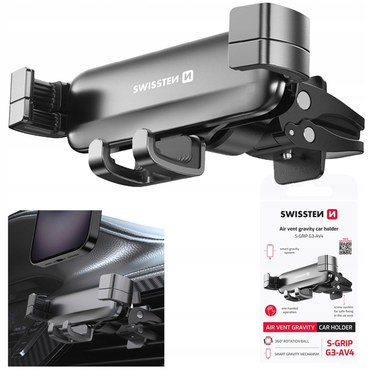 Система за закрепване за екшън камери, Swissten S Grip G3 Av4, алуминиев дизайн, черен, монтаж на вентилационен отвор