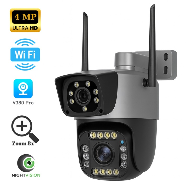 Camera Supraveghere S-Eye IP Wireless Dual-Lens, 4 Mp Comunicare Bidirectionala, Aplicatie Android/iOS/PC, Notificari Instant, Gri-Negru