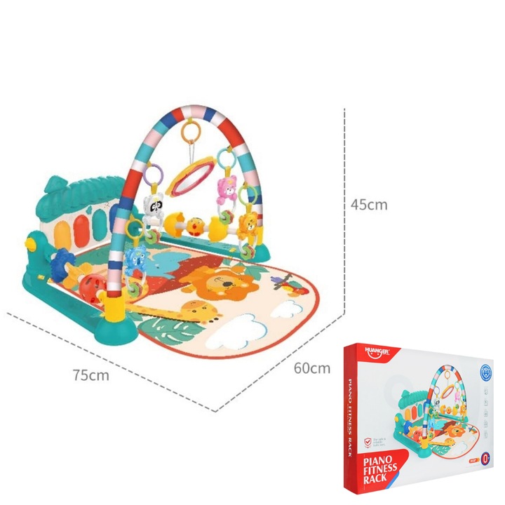 Centru de activitate si covoras bebelusi Macvi®, pian muzical interactiv, 5 jucarii detasabile, lavabil, educativ, 0–12 luni, multicolor