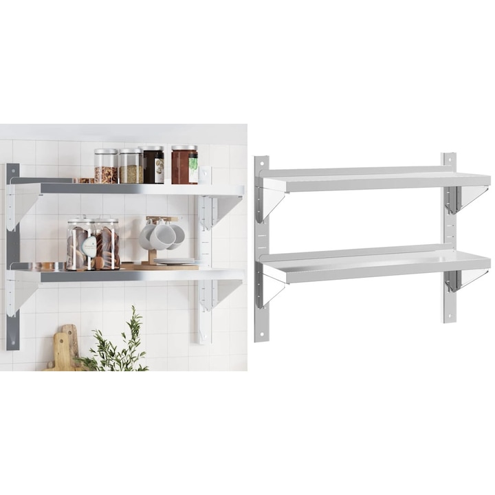 Raft de perete 2 niveluri 75x23, 5x60cm argintiu otel inoxidabil