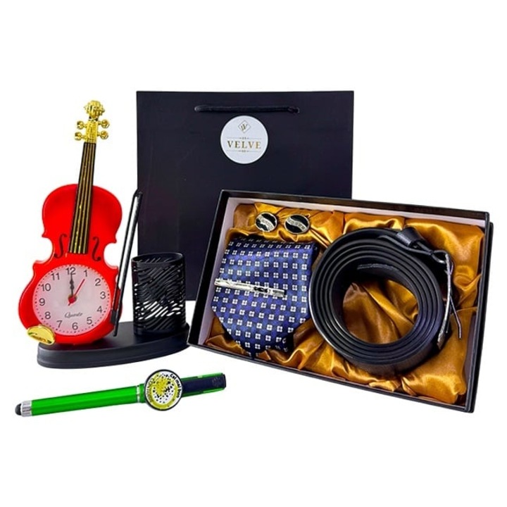 Set decorativ birou Velve, ceas vioară, cravată, butoni, curea, pix "Cel mai bun contabil", portocaliu, 14x22cm
