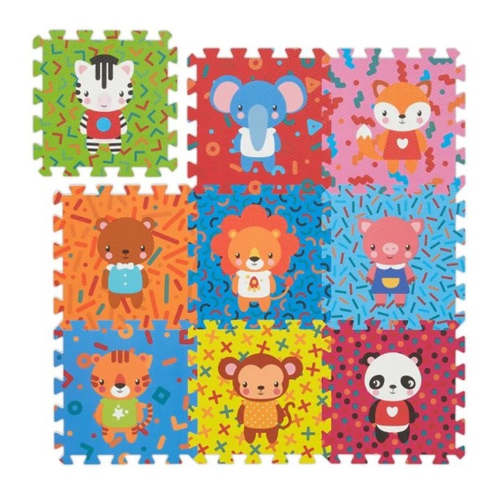 Covoraș puzzle animale, B2X, set 9 piese, spumă EVA, multicolor, 31.5x31.5cm