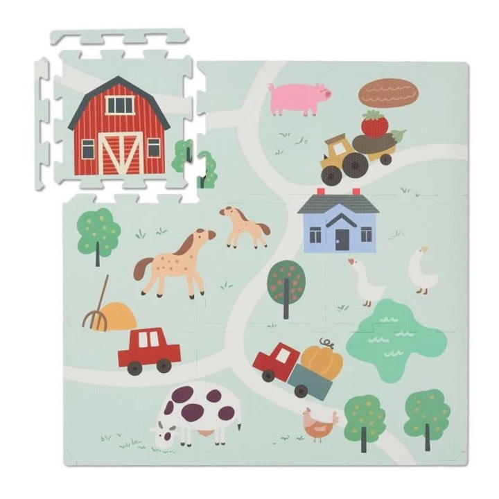 Covoraș puzzle pentru copii, B2X, motiv fermă, 9 piese, multicolor, 30x30cm