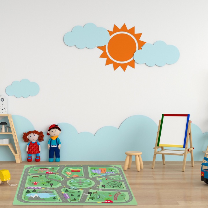 Covoras de joaca tip puzzle, Ayawaska, oras, 9 piese + 12 margini, saltea de joaca pentru copii cu design oras si strazi, antiderapant, protectie podea si amortizare, 89 x 89 cm